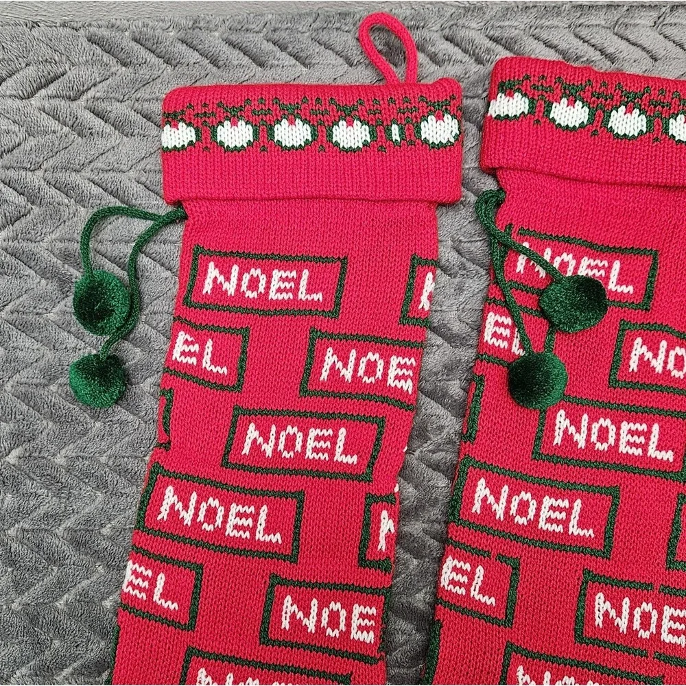 Vintage 4 Knit‎ Pom Pom Christmas Stockings Lot NOEL 3 Red 1 Green Bundle